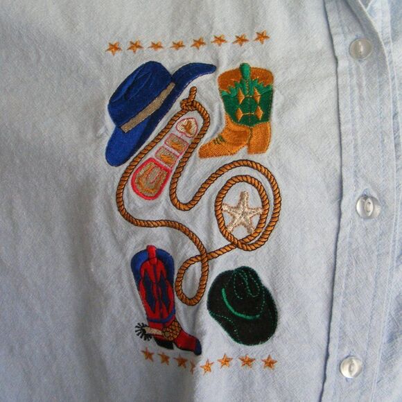 Chambray Top, L, Blue, Western Embroidery/Boots & Hats, Long sleeves, Buttons - Picture 10 of 14